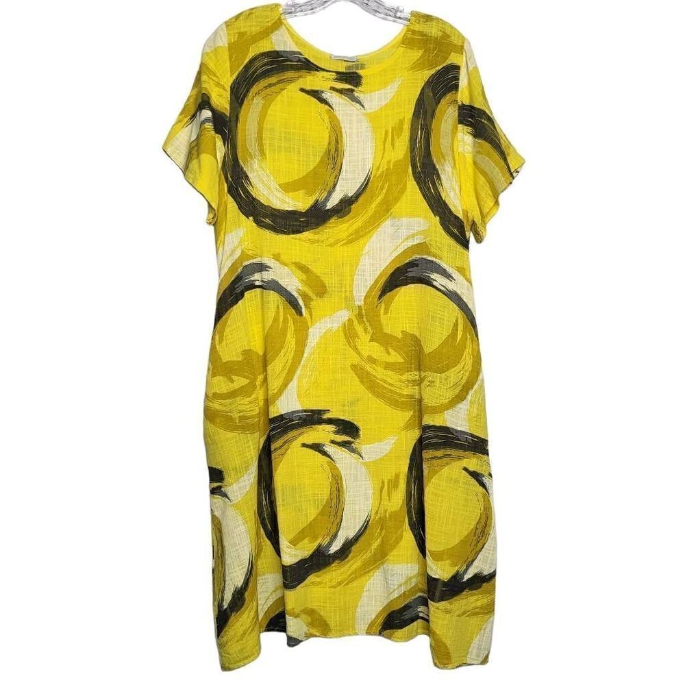 Made in Italy Abstract Print Cotton/Linen Blend Yellow Midi Dress Size 10